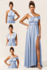 Load image into Gallery viewer, Blue Satin Convertible Bridesmaid Dress with Slit