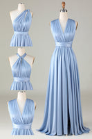 Load image into Gallery viewer, Convertible Blue Satin Bridesmaid Dress with Slit