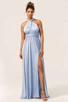Load image into Gallery viewer, Blue Satin Convertible Bridesmaid Dress with Slit
