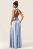 Load image into Gallery viewer, Blue Satin Convertible Bridesmaid Dress with Slit