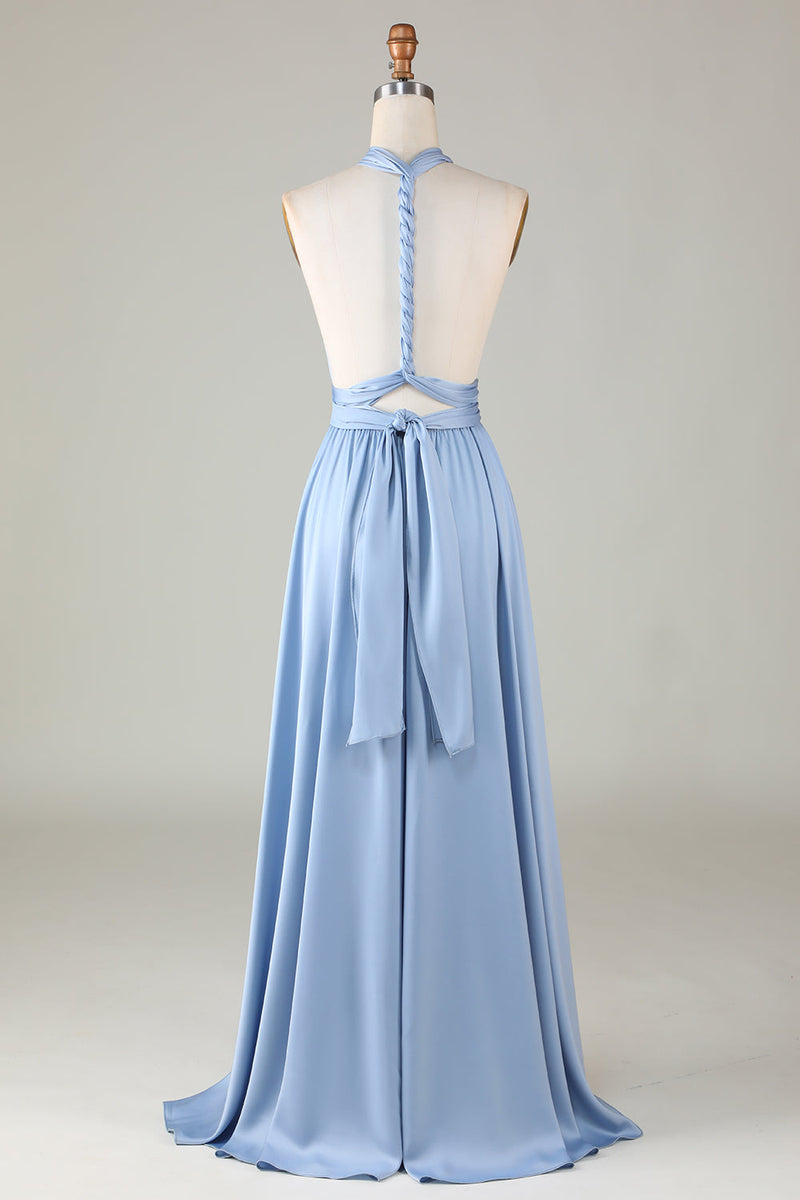 Load image into Gallery viewer, Convertible Blue Satin Bridesmaid Dress with Slit