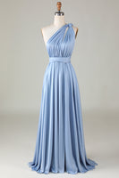 Load image into Gallery viewer, Convertible Blue Satin Bridesmaid Dress with Slit
