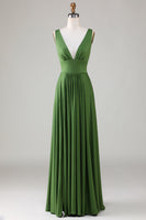 Load image into Gallery viewer, Olive Deep V-neck Sleeveless Long Bridesmaid Dress