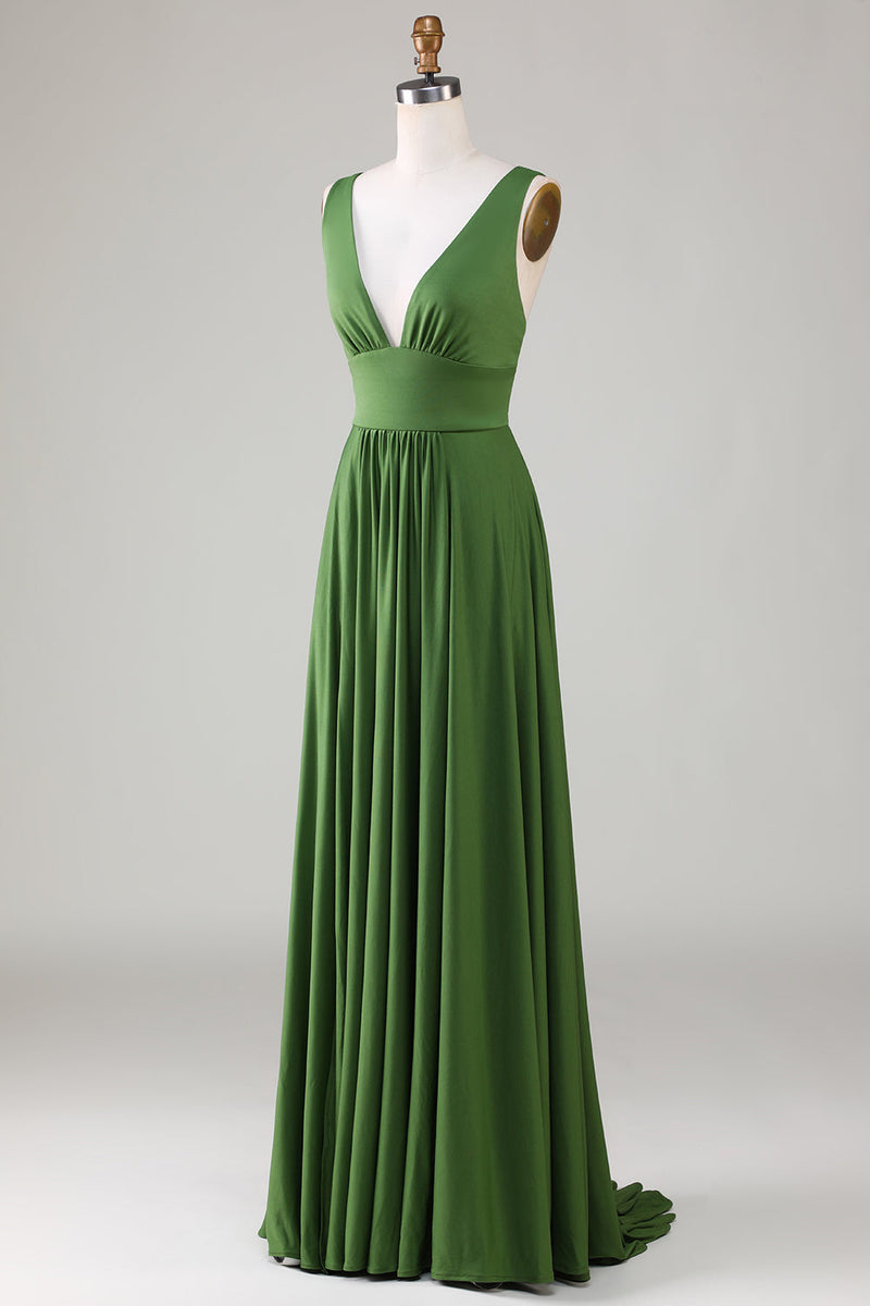 Load image into Gallery viewer, Olive Deep V-neck Sleeveless Long Bridesmaid Dress