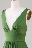 Load image into Gallery viewer, Olive Deep V-neck Sleeveless Long Bridesmaid Dress