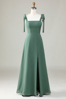 Load image into Gallery viewer, Eucalyptus Tie Straps A Line Bridesmaid Dress With Slit