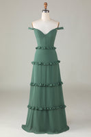 Load image into Gallery viewer, Eucalyptus Off the Shoulder Corset Long Bridesmaid Dress