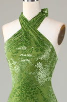 Load image into Gallery viewer, Velvet Halter Olive Bridesmaid Dress