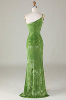 Load image into Gallery viewer, Velvet Mermaid One Shoulder Olive Bridesmaid Dress