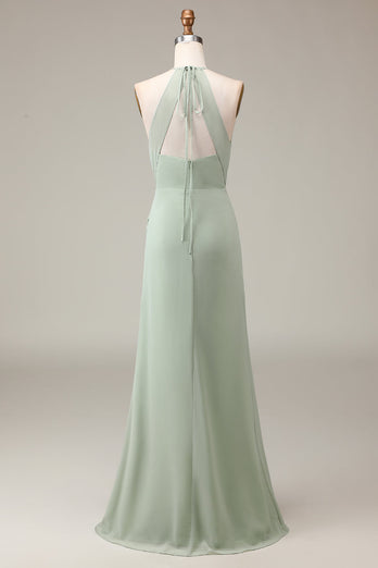 Matcha Halter Neck Sheath Pleated Bridesmaid Dress with Slit
