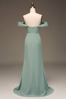 Load image into Gallery viewer, Dusty Sage Off the Shoulder Sheath Chiffon Pleated Long Bridesmaid Dress