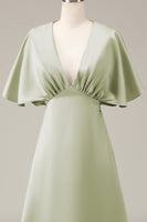 Load image into Gallery viewer, Dusty Sage V-neck Short Sleeves A-line Satin Bridesmaid Dress