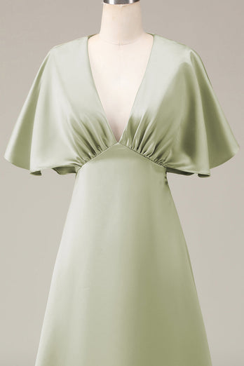 Dusty Sage V-neck Short Sleeves A-line Satin Bridesmaid Dress