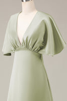 Load image into Gallery viewer, Dusty Sage V-neck Short Sleeves A-line Satin Bridesmaid Dress