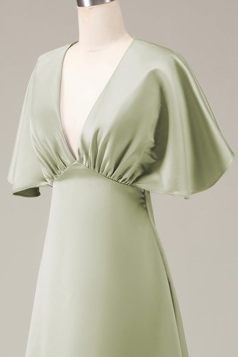 Dusty Sage V-neck Short Sleeves A-line Satin Bridesmaid Dress