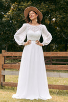 Load image into Gallery viewer, Ivory Bateau Chiffon Long Boho Wedding Dress with Lace