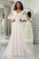 Load image into Gallery viewer, Ivory Batwing Sleeves Lace Sweep Train Wedding Dress