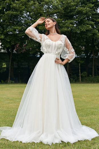 Ivory Puff Sleeves Corset Wedding Dress with 3D Flowers