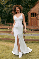 Load image into Gallery viewer, Simple Mermaid Ivory Button Wedding Dress with Slit
