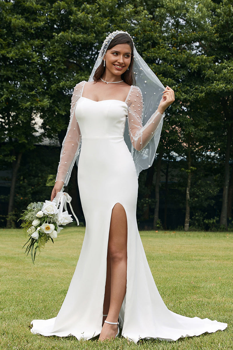 Queendancer Women Ivory Backless Mermaid Wedding Dress with Slit