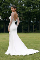 Load image into Gallery viewer, Ivory Illusion Long Sleeves Backless Mermaid Wedding Dress with Slit