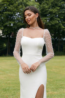 Load image into Gallery viewer, Ivory Illusion Long Sleeves Backless Mermaid Wedding Dress with Slit