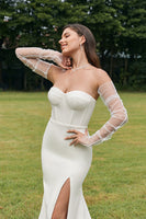 Load image into Gallery viewer, Simple Ivory Detachable Illusion Long Sleeves Mermaid Wedding Dress with Slit