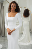 Load image into Gallery viewer, Ivory Mermaid Square Neck Sweep Train Satin Wedding Dress With Long Sleeves