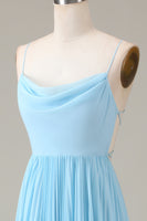 Load image into Gallery viewer, Sky Blue Spaghetti Straps Cowl Neck Pleated Open Back A-line Chiffon Bridesmaid Dress