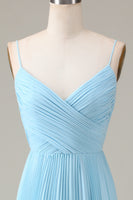 Load image into Gallery viewer, Sky Blue Spaghetti Straps V-neck A-line Pleated Chiffon Bridesmaid Dress