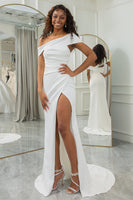 Load image into Gallery viewer, Simple Ivory One Shoulder Draped Wedding Dress with Slit