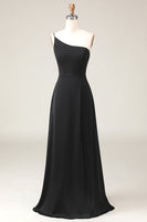 Load image into Gallery viewer, Black A-line Chiffon One Shoulder Floor Length Bridesmaid Dress