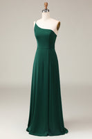 Load image into Gallery viewer, Black A-line Chiffon One Shoulder Floor Length Bridesmaid Dress