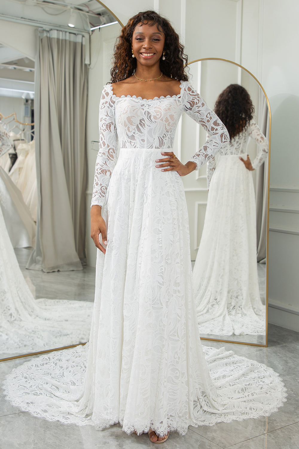 Queendancer Women Ivory Lace Wedding Dress with Sleeves A Line Scoop Neck Bridal Dress queendanceruk