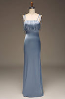 Load image into Gallery viewer, Dusty Blue Spaghetti Straps Sheath Satin Pleated Bridesmaid Dress