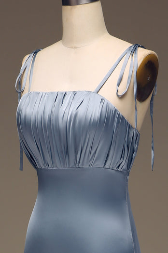 Dusty Blue Spaghetti Straps Sheath Satin Pleated Bridesmaid Dress