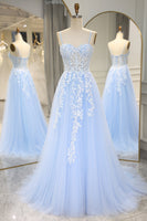 Load image into Gallery viewer, Sky Blue Long Corset Appliqued Prom Dress With Slit