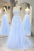 Load image into Gallery viewer, Sky Blue Long Corset Appliqued Prom Dress With Slit