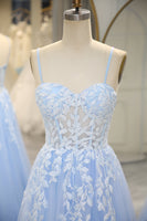 Load image into Gallery viewer, Sky Blue Long Corset Appliqued Prom Dress With Slit