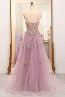 Load image into Gallery viewer, Mauve A Line Tulle Beaded Appliques Long Prom Dress With Front Slit