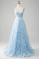 Load image into Gallery viewer, Sky Blue A-Line Spaghetti Straps Lace Long Corset Prom Dress