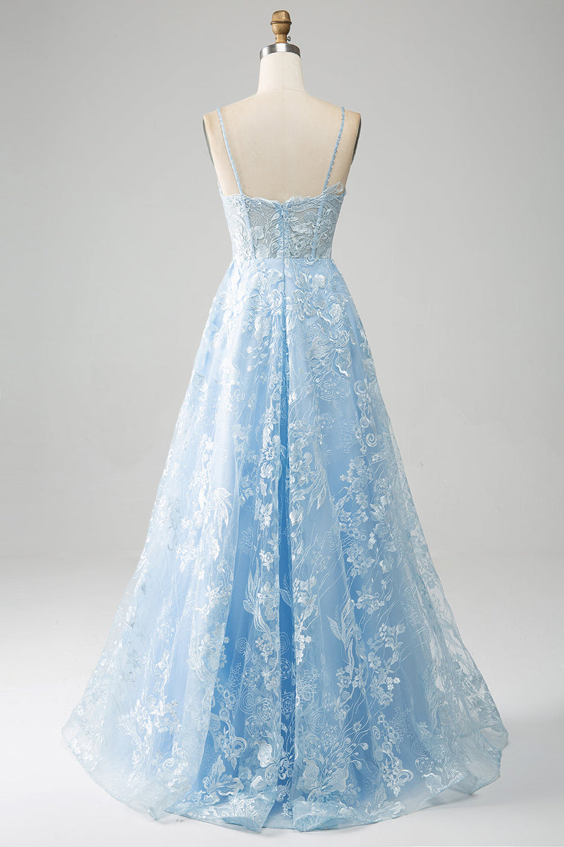 Load image into Gallery viewer, Sky Blue A-Line Spaghetti Straps Lace Long Corset Prom Dress