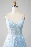 Load image into Gallery viewer, Sky Blue A-Line Spaghetti Straps Lace Long Corset Prom Dress