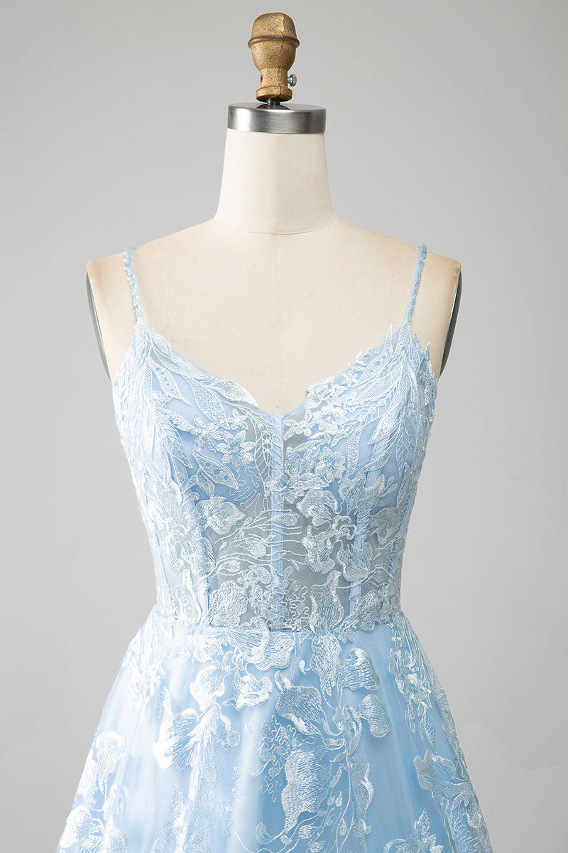 Load image into Gallery viewer, Sky Blue A-Line Spaghetti Straps Lace Long Corset Prom Dress