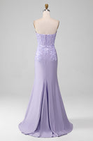 Load image into Gallery viewer, Lilac Sheath Strapless Corset Prom Dresses With Lace Appliques