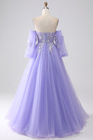 Load image into Gallery viewer, Lavender A-Line Strapless Tulle Long Prom Dress with Sleeves