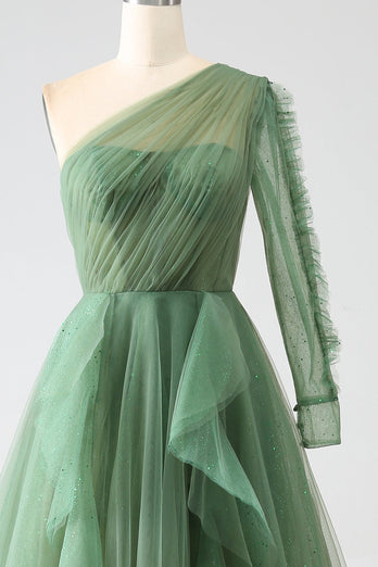 Dark Green A-Line One-Shoulder Long Prom Dress With Long Sleeves