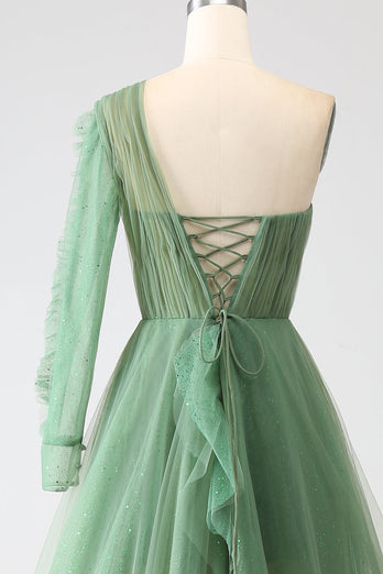 Dark Green A-Line One-Shoulder Long Prom Dress With Long Sleeves