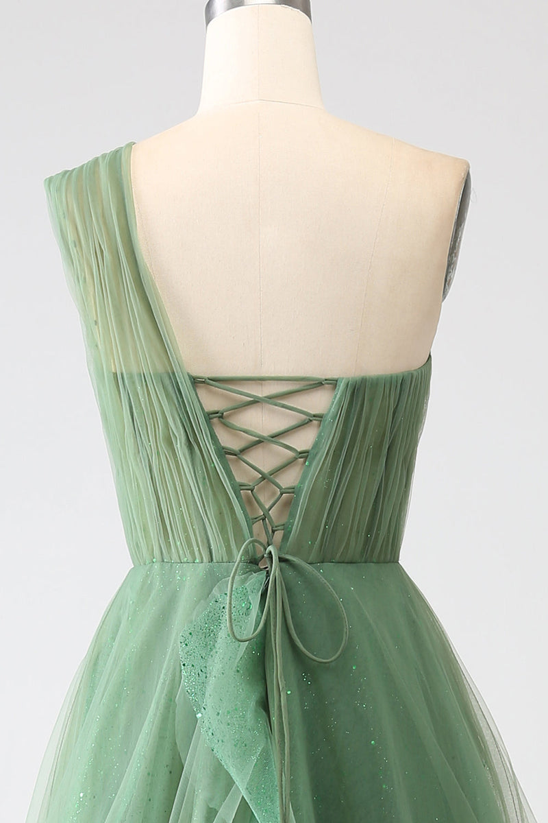 Load image into Gallery viewer, Dark Green Tulle A-Line One-Shoulder Long Prom Dress