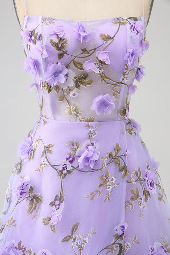 Lilac A-Line Spaghetti Straps Long Prom Dress with 3D Flowers